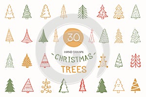 30 Colored hand drawn Christmas trees, vector eps10 illustration