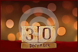 30 December vintage calendar, bokeh lights background