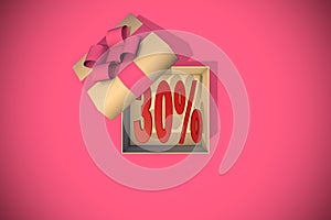 30% discount open gift box 3D illustration. Sale