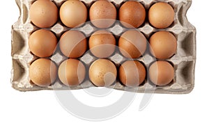 30 eggs raw in a carton box on white background. Thirty fresh chicken eggs. File contains clipping path