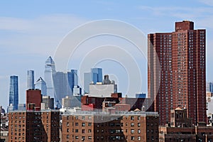 30 Hudson Yards and Confucius Plaza Apartments, Manhattan from Brooklyn Bridge, New York City, USA