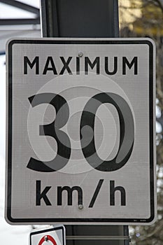 30 km/h speed limit sign.   Vancouver BC Canada