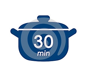 30 min cooking time blue label, cooking pot symbol with thirty minute mark, boiling time vector illustration