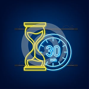 The 30 minutes, stopwatch vector neon icon. Stopwatch icon in flat style, timer on on color background. Vector