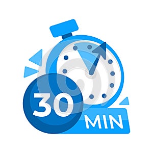 30 minutes timer. Stopwatch icon 30 min. Clock and watch limited cooking time. Vector illustration.