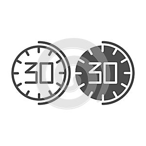 30 minutes watch line and glyph icon. Thirhty seconds time vector illustration isolated on white. Half an hour clock