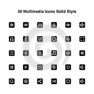 30 Multimedia Icons Set Solid Style Icon