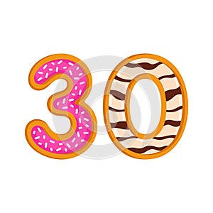 30 number sweet glazed doughnut vector illustration