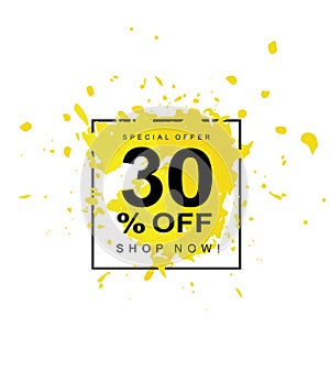 30% OFF. Discount Vector Symbol. Yellow Splash with Black Frame.