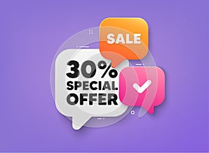 30 percent discount offer. Sale price promo sign. 3d bubble chat banner. Vector