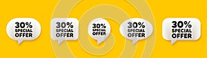 30 percent discount offer. Sale price promo sign. 3d speech chat bubbles. Vector