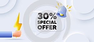 30 percent discount offer. Sale price promo sign. Neumorphic background. Vector