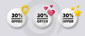 30 percent discount. Sale offer price sign. White button with 3d icons. Vector