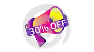 30 percent off banner, label, badge icon with megaphone. Sale concept. Flat design. 4K video animation