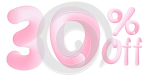 30 percent off Numbers made of chewing gum. Bubble Gum sign . Isolated on white background. Vector 3d font