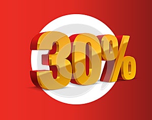30 percent off, sale background, red yellow golden metall object 3D.