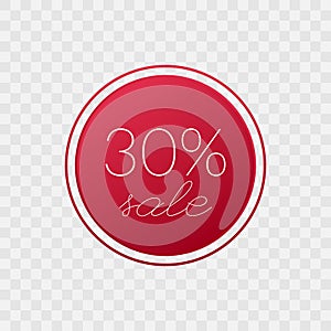 30 percent sale circle symbol. Vector isolated red icon on transparent background. Gradient sign for discount, web design,