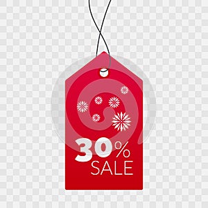 30 percent sale shopping tag sign. Vector icon isolated on transparent background. Red symbol for price, discount, shop, business