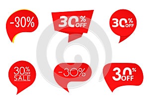 30% sale or discount tag or sticker set. 30 percent price off badge or label collection. Promotion, ad banner, promo coupon design