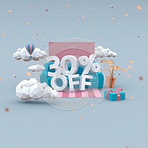 30 Thirty percent off 3d-illustration in cartoon style. Sale concept.