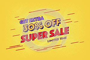 30 thirty Percent off super sale shopping halftone banner. discount percent