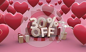 30 Thirty percent off - Valentines Day Sale 3D illustration.