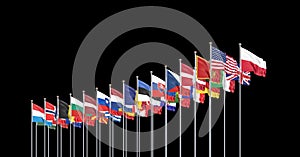 The 30 waving Flags of NATO Countries - North Atlantic Treaty. Isolated on black background  - 3D illustration