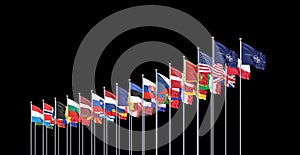 The 30 waving Flags of NATO Countries - North Atlantic Treaty. Isolated on black background  - 3D illustration