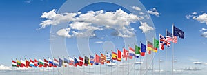 The 30 waving Flags of NATO Countries - North Atlantic Treaty. Isolated on cloud background  - 3D illustration
