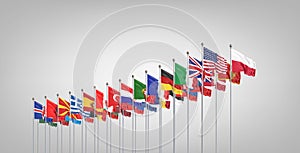 The 30 waving Flags of NATO Countries - North Atlantic Treaty. Isolated on grey background  - 3D illustration