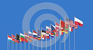The 30 waving Flags of NATO Countries - North Atlantic Treaty. Isolated on sky background  - 3D illustration