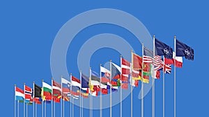 The 30 waving Flags of NATO Countries - North Atlantic Treaty. Isolated on sky background  - 3D illustration