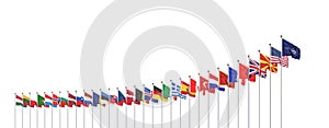 The 30 waving Flags of NATO Countries - North Atlantic Treaty. Isolated on white background  - 3D illustration