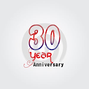 30 years anniversary celebration logotype. anniversary logo with red and blue color isolated on gray background, vector design for