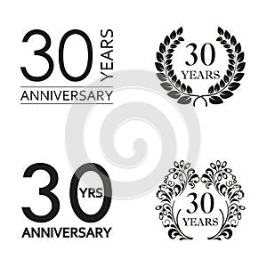 30 years anniversary set. Anniversary icon emblem or label collection. 30 years celebration and congratulation decoration element.