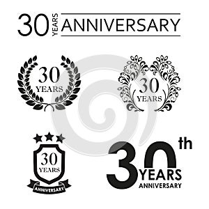 30 years anniversary set. Anniversary icon emblem or label collection. 30 years celebration and congratulation design element.