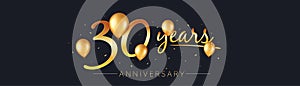 30 years anniversary vector banner. 30th birthday jubilee with golden balloons and confetti.