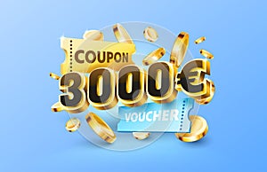 3000 euro coupon gift voucher, cash back banner special offer. Vector illustration