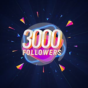 3000 followers celebration in social media vector web banner on dark background. Three thousand follows 3d Isolated