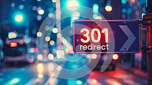 301 Redirect Road sign with an arrow on blurred night traffic background. SEO term for status response code of permanent