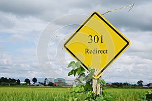 301 Redirect street sign and rices field in the background