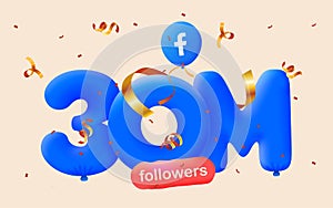 30M followers thank you 3d blue balloons and colorful confetti. Vector illustration 3d numbers for social media 30000000 followers