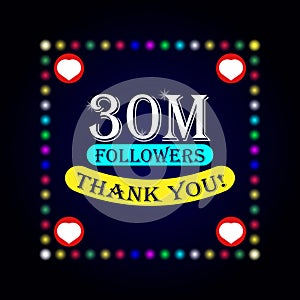 30M followers thank you greeting card with colorful lights on dark background