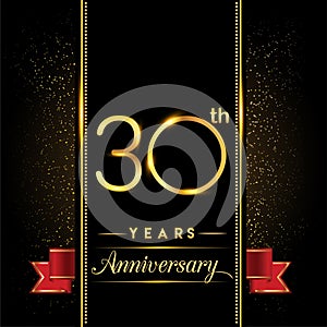 30th anniversary logo with confetti golden colored and red ribbon isolated on black background, vector design for greeting card