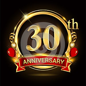 30th anniversary logo with golden ring, balloons and red ribbon. Vector design template elements for your birthday celebration