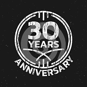 30th Anniversary logo or icon. 30 years round stamp design with grunge, rough texture. Birthday celebrating, jubilee