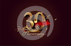 30th anniversary logo with red ribbon and golden confetti isolated on elegant background, sparkle, vector design for greeting card