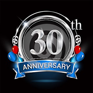 30th anniversary logo with silver ring, balloons and blue ribbon. Vector design template elements for your birthday celebration