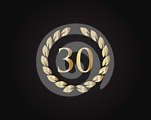 30th Anniversary Ring Logo Template. 30th Years Anniversary Logo With Golden Ring Isolated On Black Background, For Birthday,