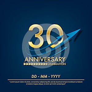 30th years anniversary celebration emblem. anniversary elegance golden logo with blue arrow ribbons on blue background. vector